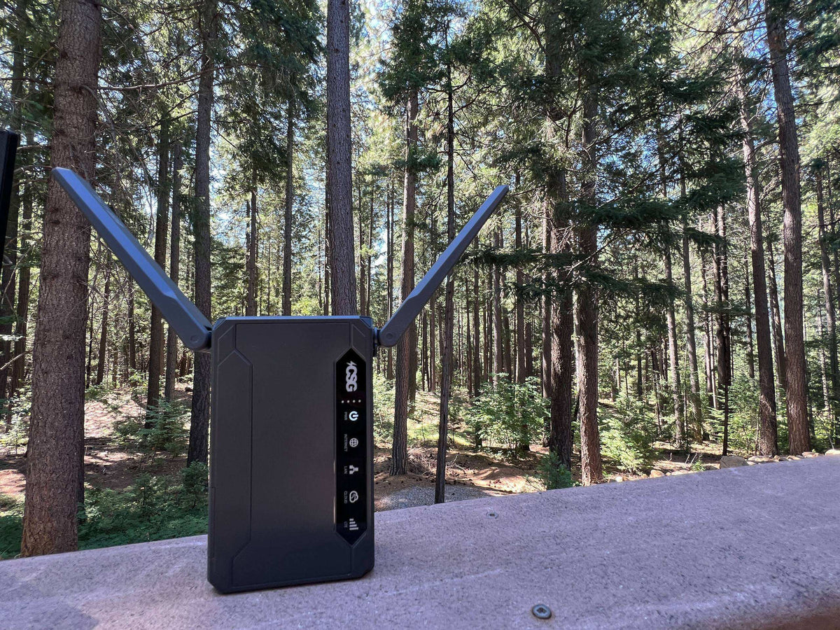 A black rectangular electronic device with two angled antennas and a vertical control panel, placed on a concrete ledge with a dense pine forest in the background.
